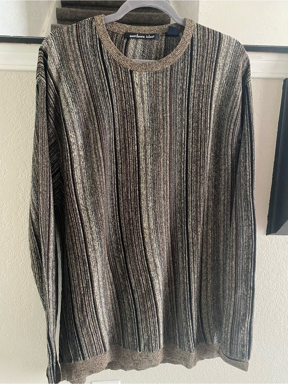 Vintage Northern Isles Men's Silk & Cotton Stripe Crewneck Sweater - Brown/Gray